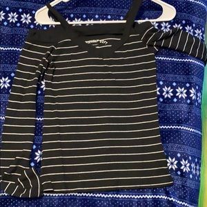 black and white striped off the shoulder shirt